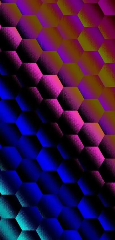 Colorful hexagonal pattern with blue, pink, and purple gradient hues.