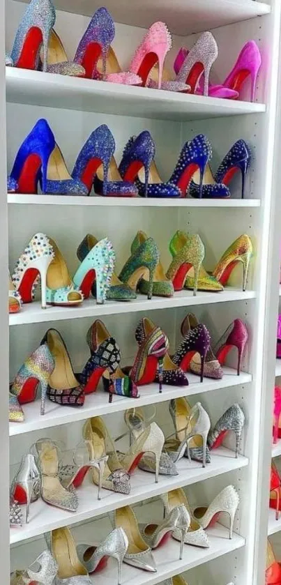 Colorful high heels displayed on shelves in a chic and stylish arrangement.