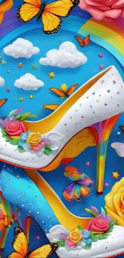 Colorful high heel shoes with butterflies and rainbow art.