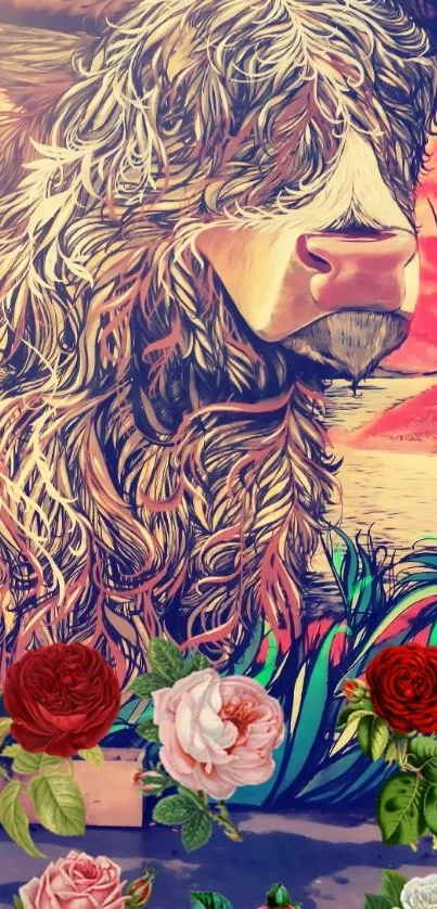 Artistic Highland cow with vibrant roses.