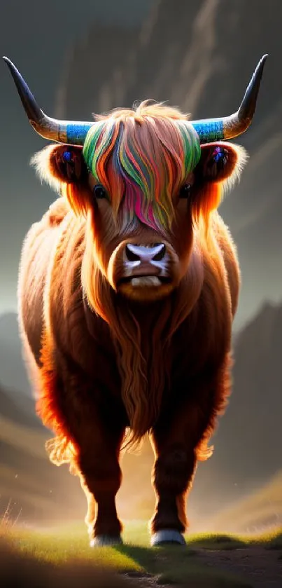 Colorful Highland cow standing in a mountain landscape with vibrant hair.