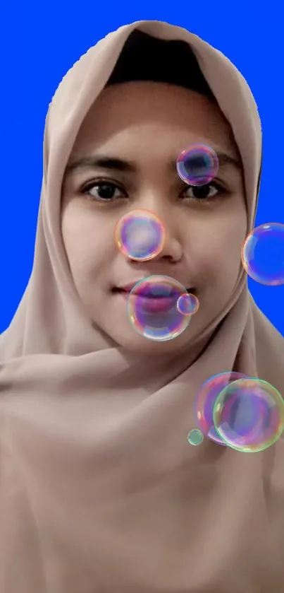 Colorful hijab with bubbles on blue background, mobile wallpaper.