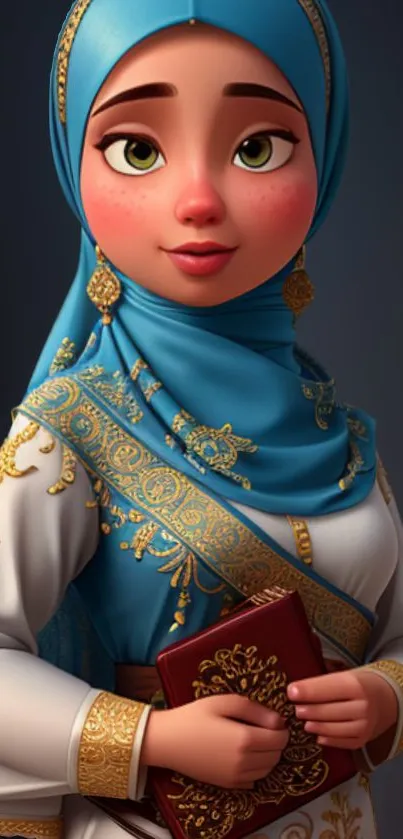 Cartoon character in blue hijab holding a book.