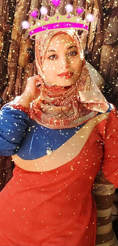 Woman in vibrant hijab with glitter and digital crown effect.