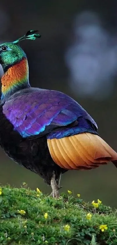 A vibrantly colored Himalayan bird stands on a grassy field.