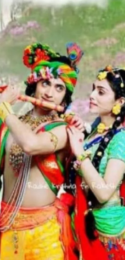 Colorful depiction of Krishna and Radha set in nature.