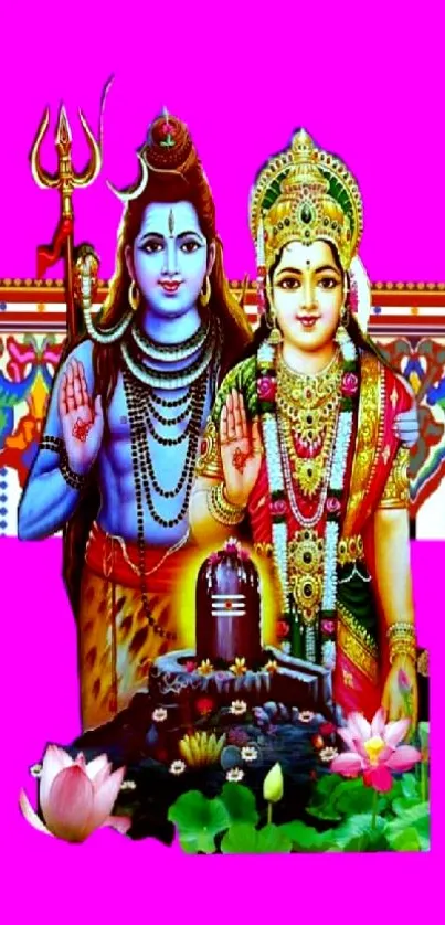 Colorful Hindu deities illustration on vibrant background.