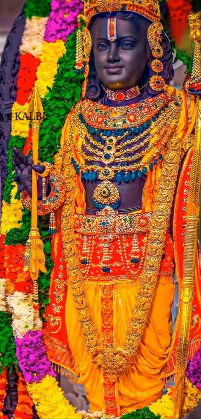 Hindu deity adorned in orange and gold garb with vibrant floral decorations.