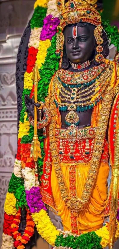 Richly adorned Hindu deity with vibrant garlands.