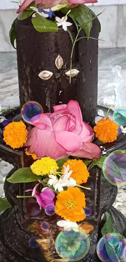 Colorful floral-adorned Shivling on marble background.