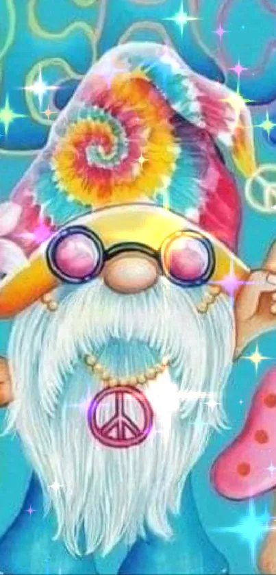 Colorful hippie gnome with peace symbol on aqua background.