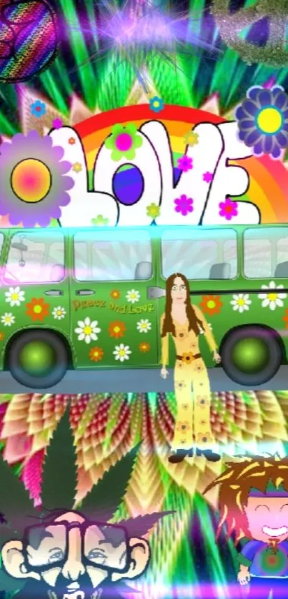 Colorful hippie van with psychedelic art and rainbow background.