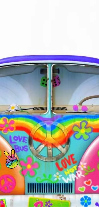 Colorful hippie van with psychedelic art and peace symbols.