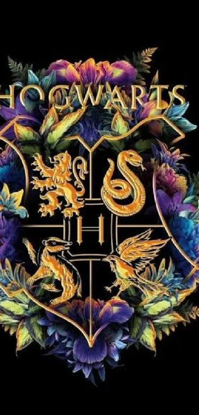 Vibrant Hogwarts crest with floral designs on black background.