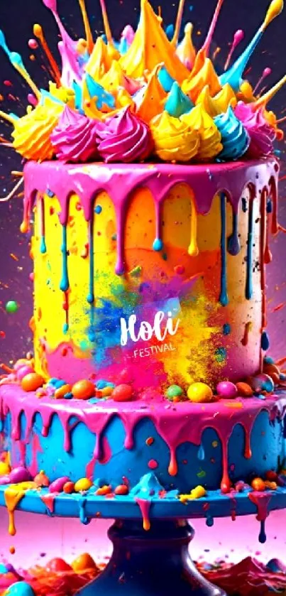 Vibrant Holi cake with colorful splashes on a stand