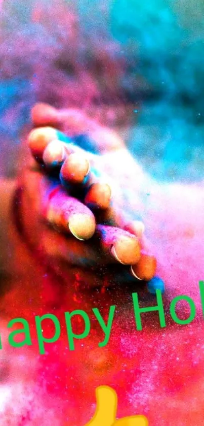 Vibrant Holi colors burst from hands in festival celebration.