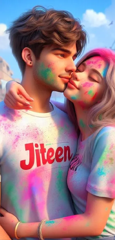 Loving couple celebrating Holi with vibrant colors in a festive embrace.