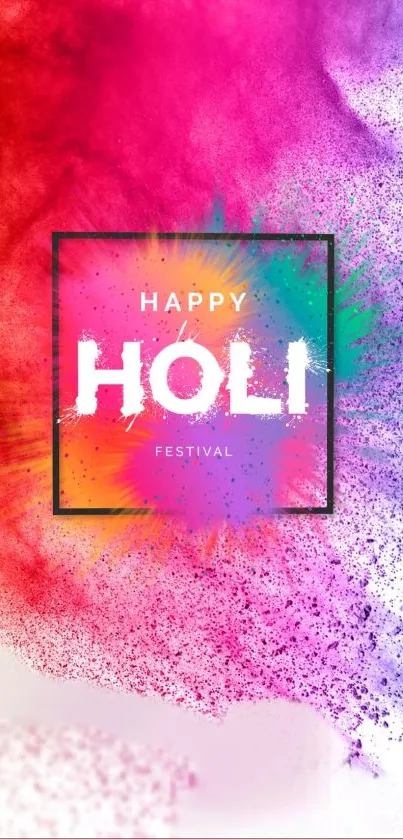 Vibrant Holi festival wallpaper with colorful splashes and happy Holi text.