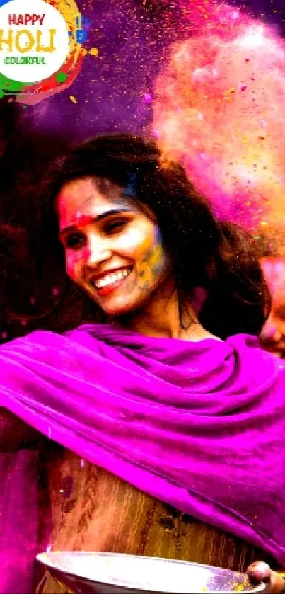 Joyful Holi festival scene with colorful powder and smiling participants.