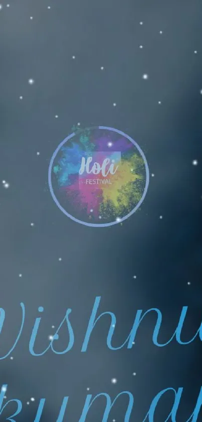 Colorful Holi festival wallpaper with stars and text on a dark blue background.