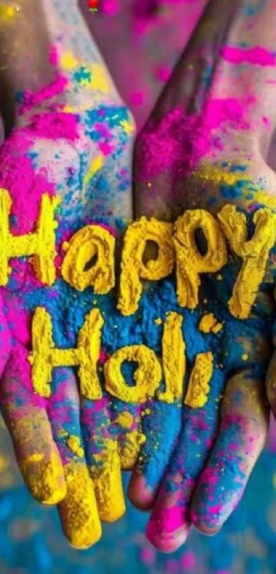 Colorful Holi design with text 'Happy Holi' written in powder.