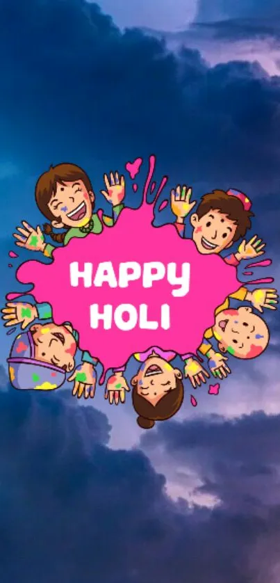 Holi festival wallpaper with children and colorful paint splash.