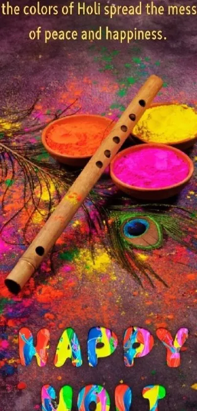 Vibrant Holi celebration with colors and flute.