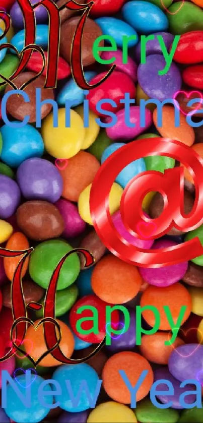 Colorful candy Christmas and New Year wallpaper with festive text.
