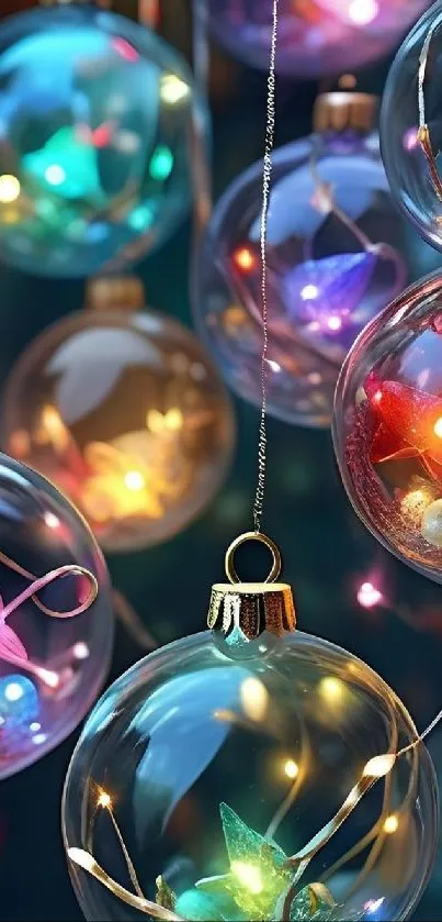 Colorful glowing ornaments in vibrant festive setting.