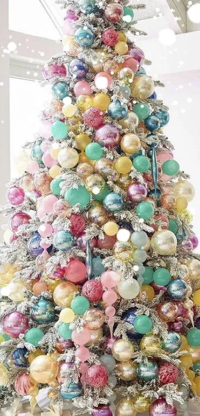 Festive colorful Christmas tree with pastel ornaments.