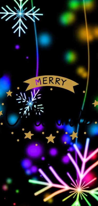 Colorful neon snowflakes with 'Merry' banner on black background.