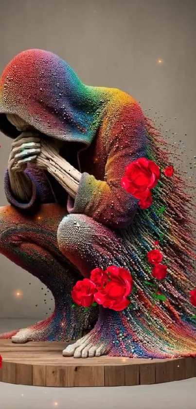 Vibrant hooded figure with red roses on colorful mobile wallpaper.