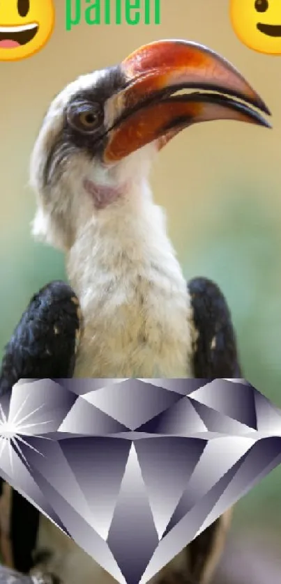 Hornbill with diamond on pale background.