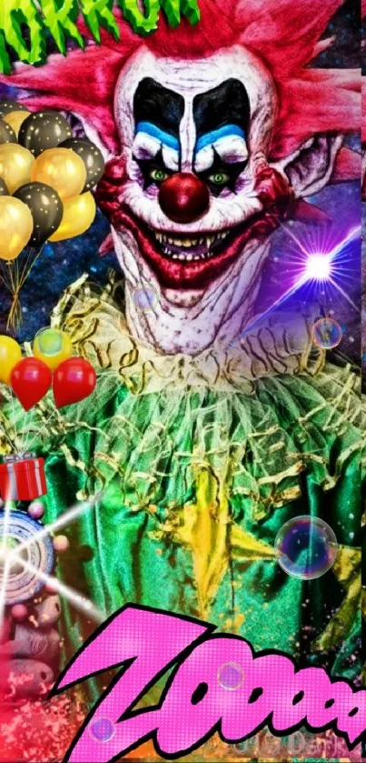 Vibrant horror clown with colorful balloons wallpaper.