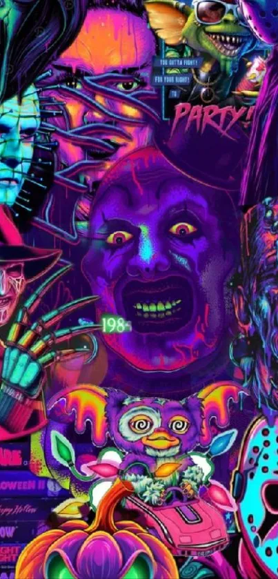 Neon collage of iconic horror figures in vibrant colors.