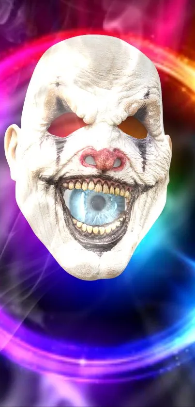 Vivid clown mask with colorful glowing background.