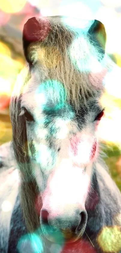 Abstract horse with colorful bokeh and vibrant gold highlights.
