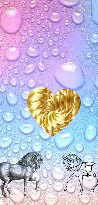 Mobile wallpaper with a golden heart, horses, and pastel raindrops background.