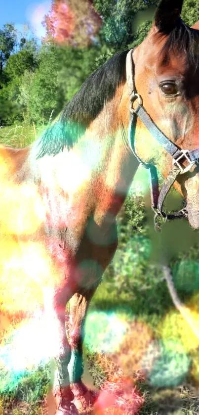 Majestic horse with colorful lighting effects in nature.