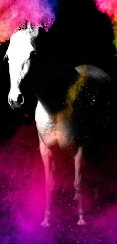 White horse silhouette with colorful clouds on black background, vibrant art design.