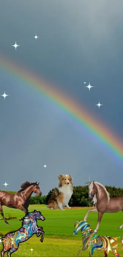 Colorful horses in a green meadow with a rainbow arcing overhead.
