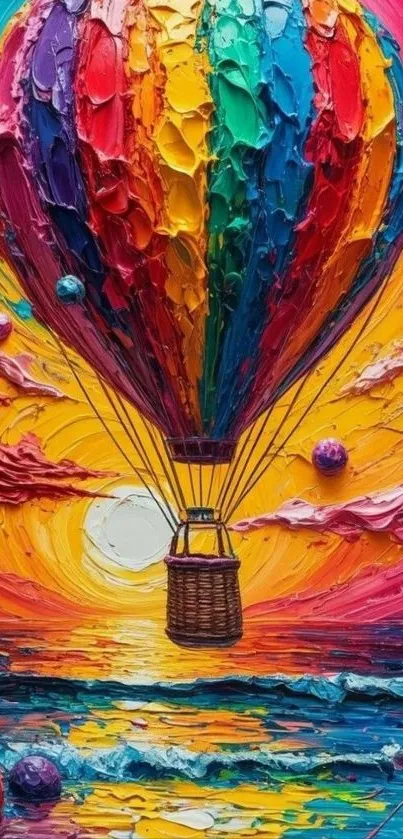 Colorful hot air balloon painting with a sunset background.