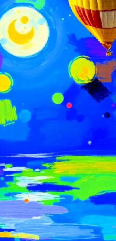 Vivid abstract art with hot air balloon and moonlit sky.