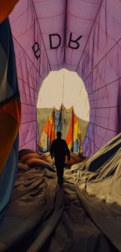 Inside a colorful hot air balloon with vibrant hues.