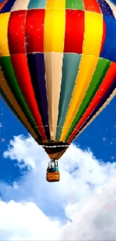 Colorful hot air balloon soaring in blue sky.