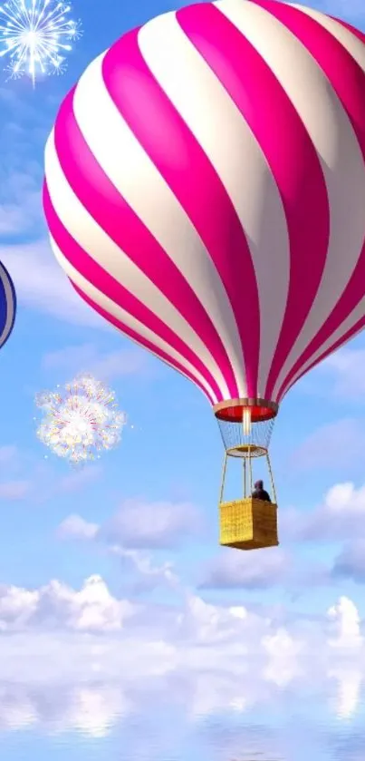 Colorful hot air balloons float under a clear sky.