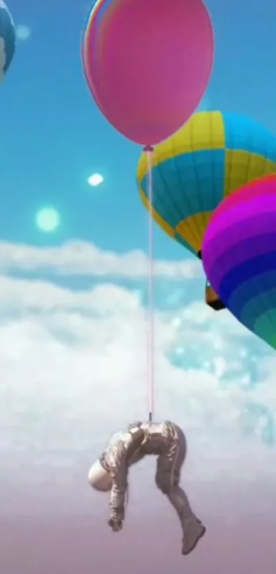 Colorful hot air balloons and figure floating in a bright, blue sky.