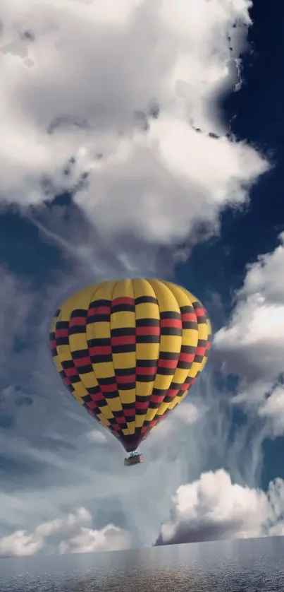 Vibrant hot air balloon against a dramatic cloudy sky.