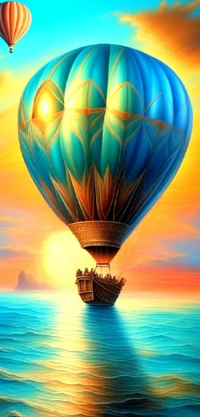 Hot air balloons floating over ocean at vibrant sunset.