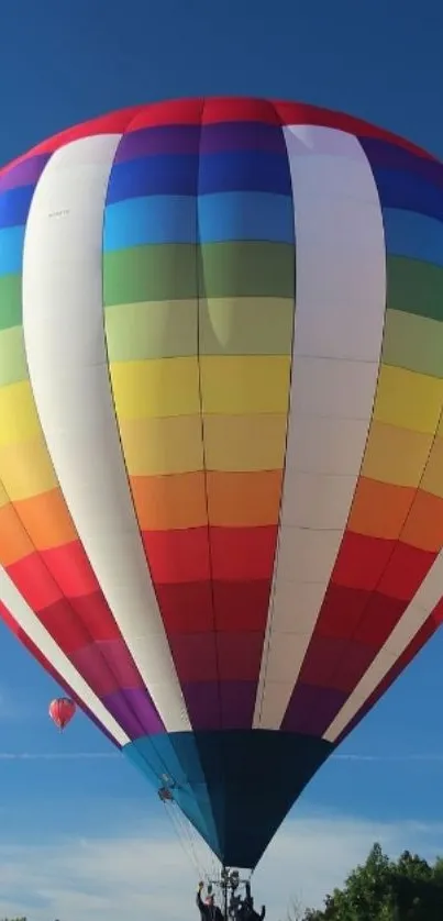 Vibrant hot air balloon against clear blue sky.